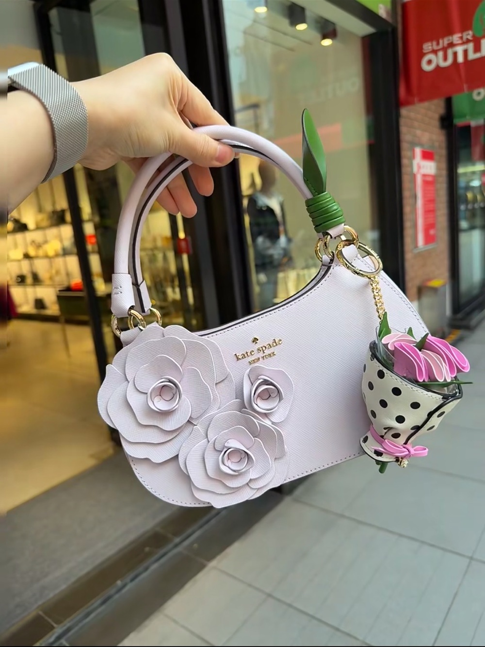 NWT Kate Spade Novelty flora Rose Shoulder Bag In Pale Amethyst + Rose Charm